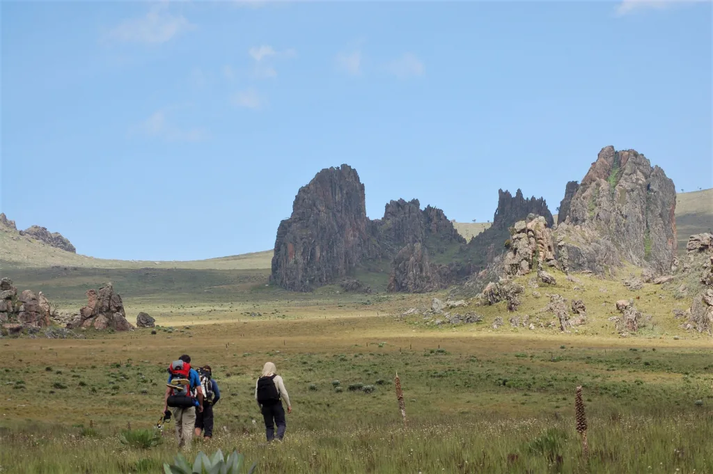 Hikers trek towards rocky peaks in Mount Kenya National Park.