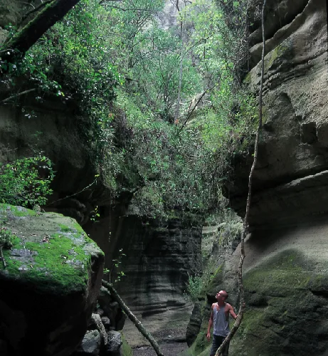 Man standing inside Hell’s Gate Gorge in Naivasha, Kenya, surrounded by tall rock cliffs, lush greenery, and natural canyon formations