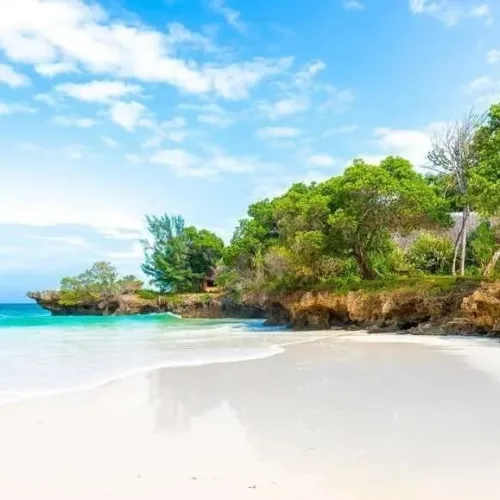 White sandy beach with turquoise ocean and lush tropical vegetation at Chale Island, Kenya