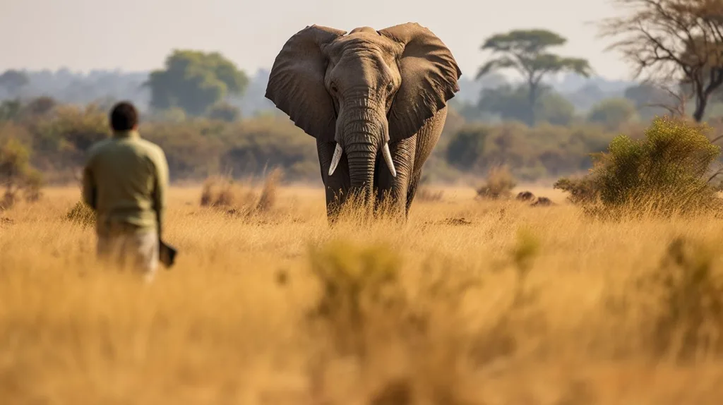 Large elephant faces a person in tall grass. Ethical wildlife encounter.